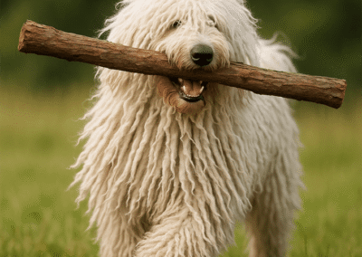 Komondor With Stick in Mouth