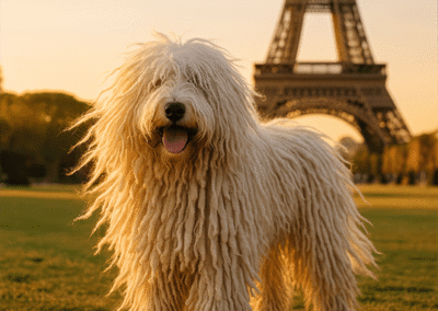 Komondor in Paris With Eiffel Tower
