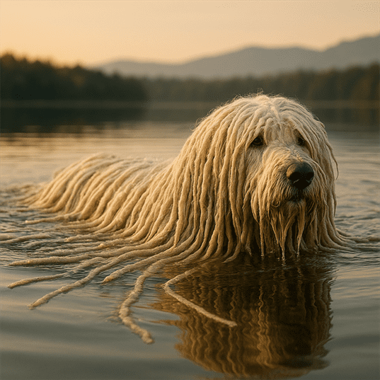 Komondor Swimming in Lake